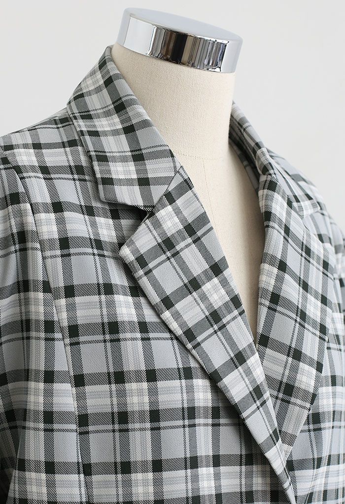 Plaid Single Breasted Buttoned Hem Blazer in Dark Green