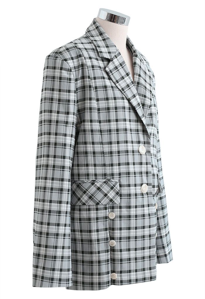 Plaid Single Breasted Buttoned Hem Blazer in Dark Green