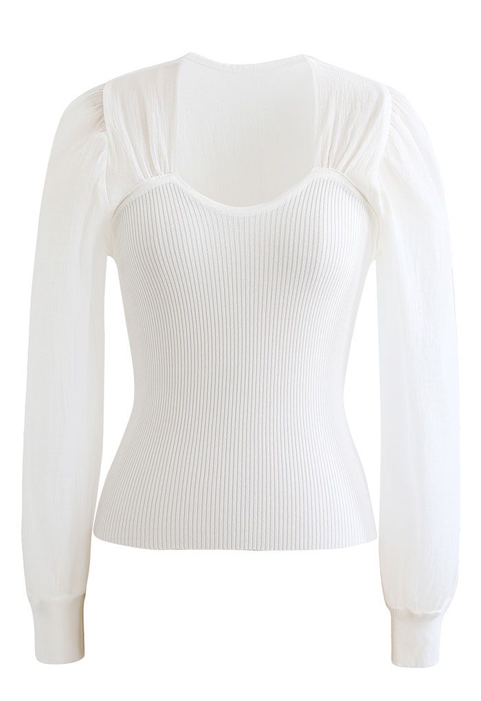 Spliced Bubble Sleeve Knit Top in White