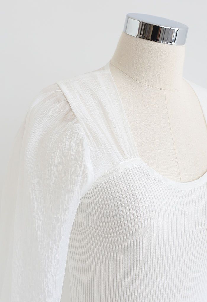 Spliced Bubble Sleeve Knit Top in White