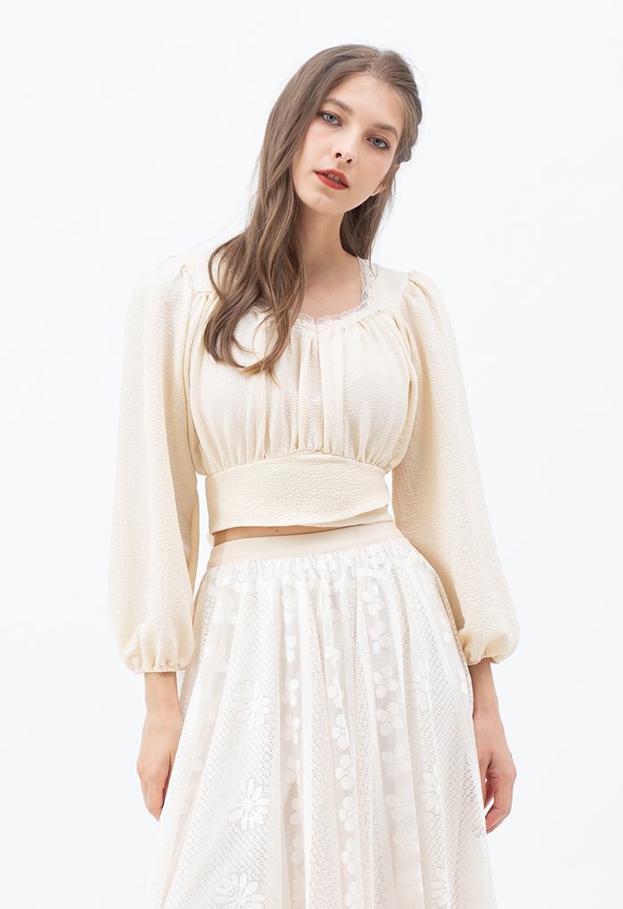 Pearly Neck Tie Back Embossed Crop Top in Cream