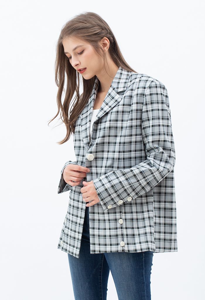 Plaid Single Breasted Buttoned Hem Blazer in Dark Green