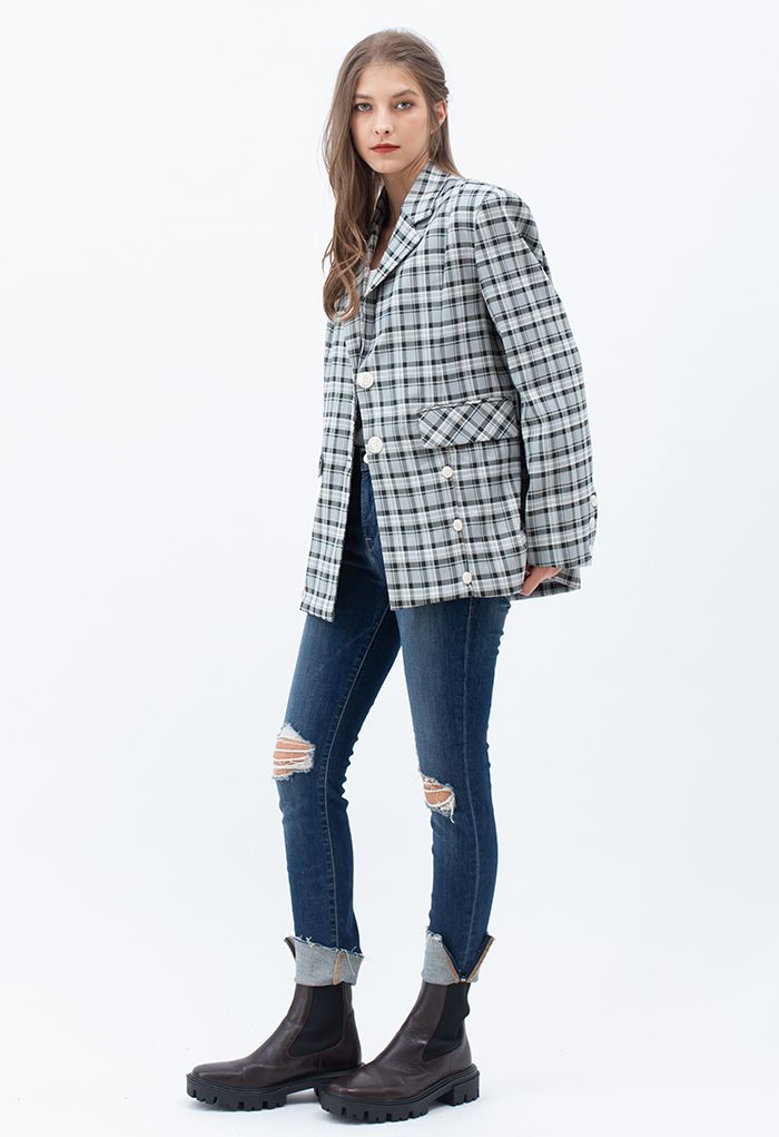 Plaid Single Breasted Buttoned Hem Blazer in Dark Green