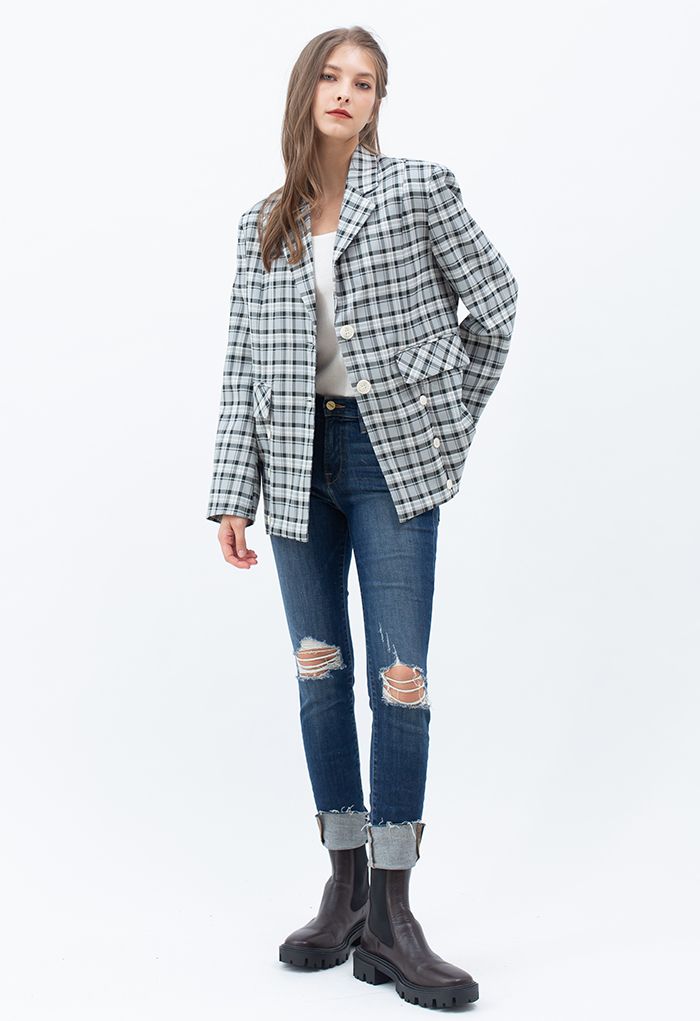 Plaid Single Breasted Buttoned Hem Blazer in Dark Green