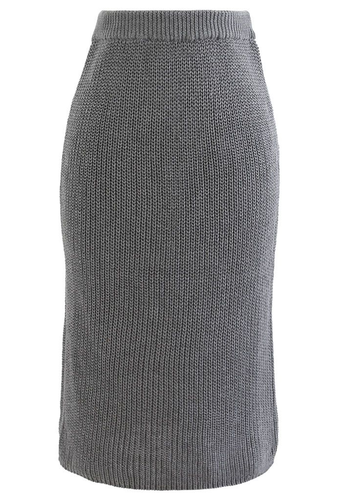 Three-Piece Rib Knit Cardigan and Pencil Skirt Set in Grey
