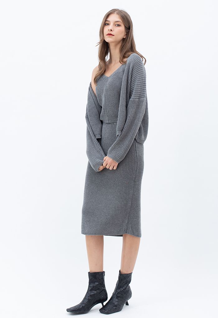 Three-Piece Rib Knit Cardigan and Pencil Skirt Set in Grey