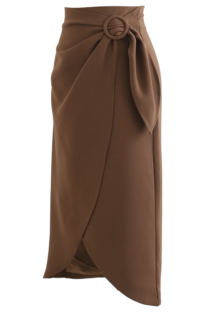 Flap Front Knot Side Midi Petal Skirt in Caramel
