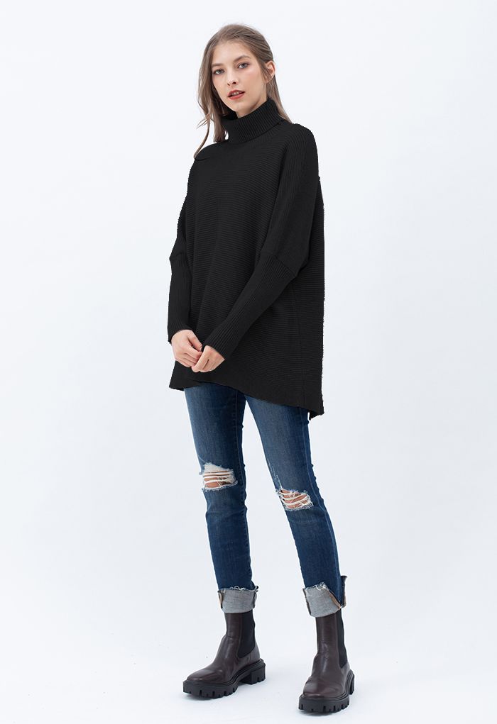 Effortless Chic Turtleneck Batwing Sleeve Hi-Lo Sweater in Black