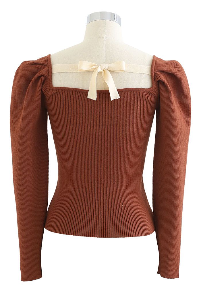 Gigot Sleeve Square Neck Crop Knit Top in Caramel
