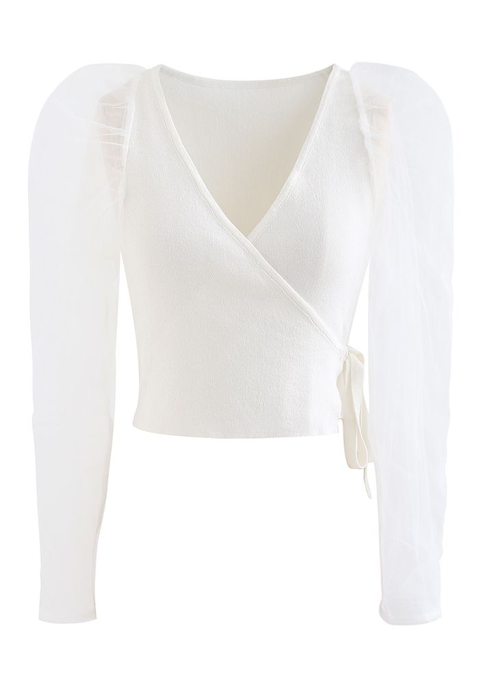Ruched Mesh Sleeve Cropped Wrap Knit Top in White