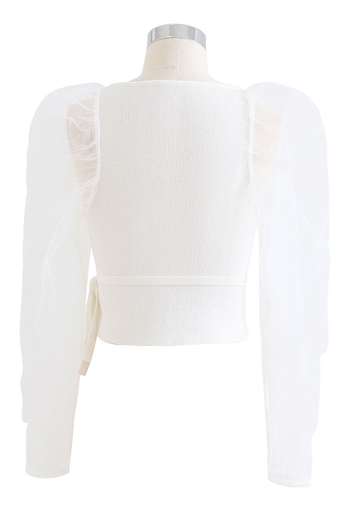 Ruched Mesh Sleeve Cropped Wrap Knit Top in White