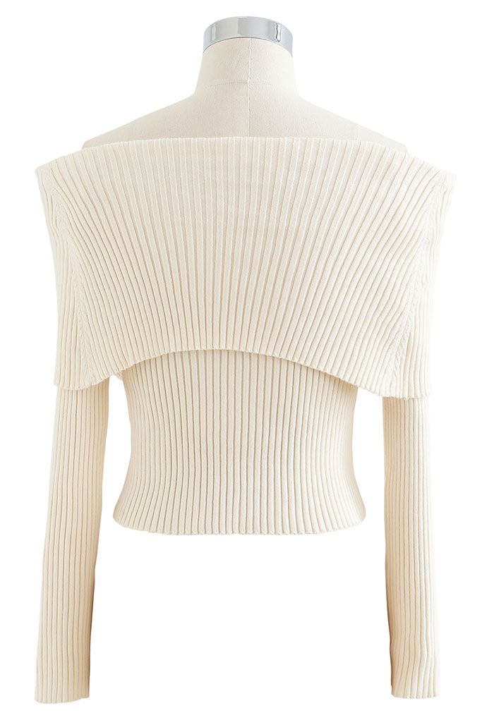 Flap Collar Off-Shoulder Crop Knit Top in Ivory