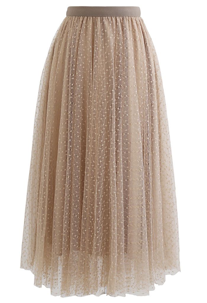 Lacy Chain Double-Layered Mesh Tulle Midi Skirt in Light Tan