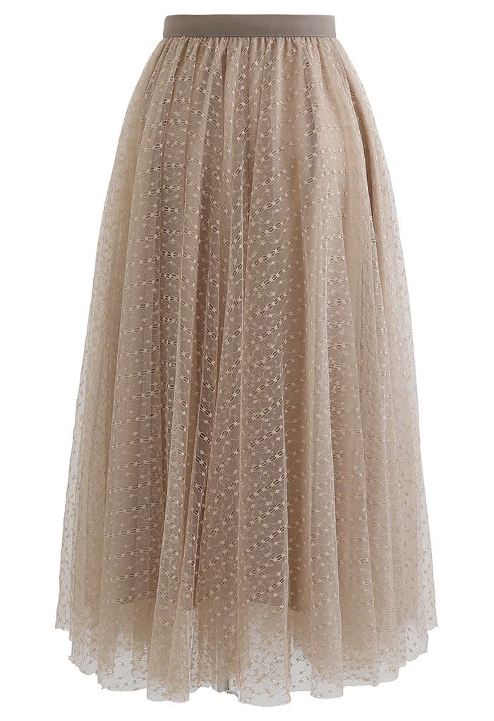 Lacy Chain Double-Layered Mesh Tulle Midi Skirt in Light Tan