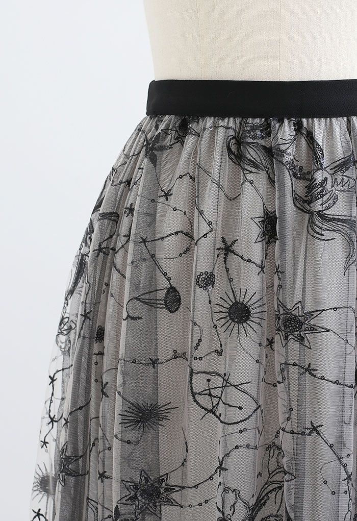 Unicorn Embroidered Sequined Mesh Tulle Midi Skirt
