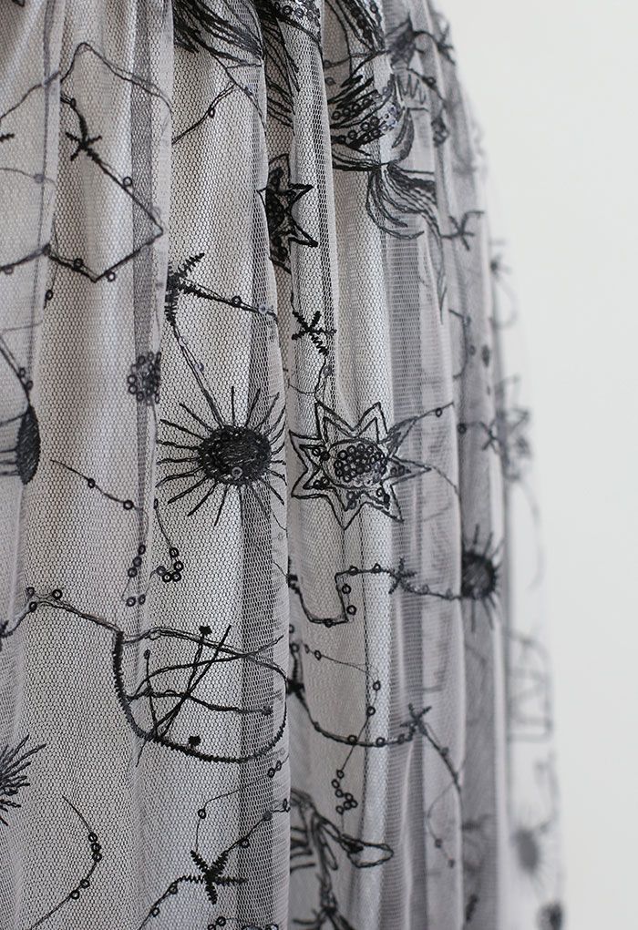 Unicorn Embroidered Sequined Mesh Tulle Midi Skirt