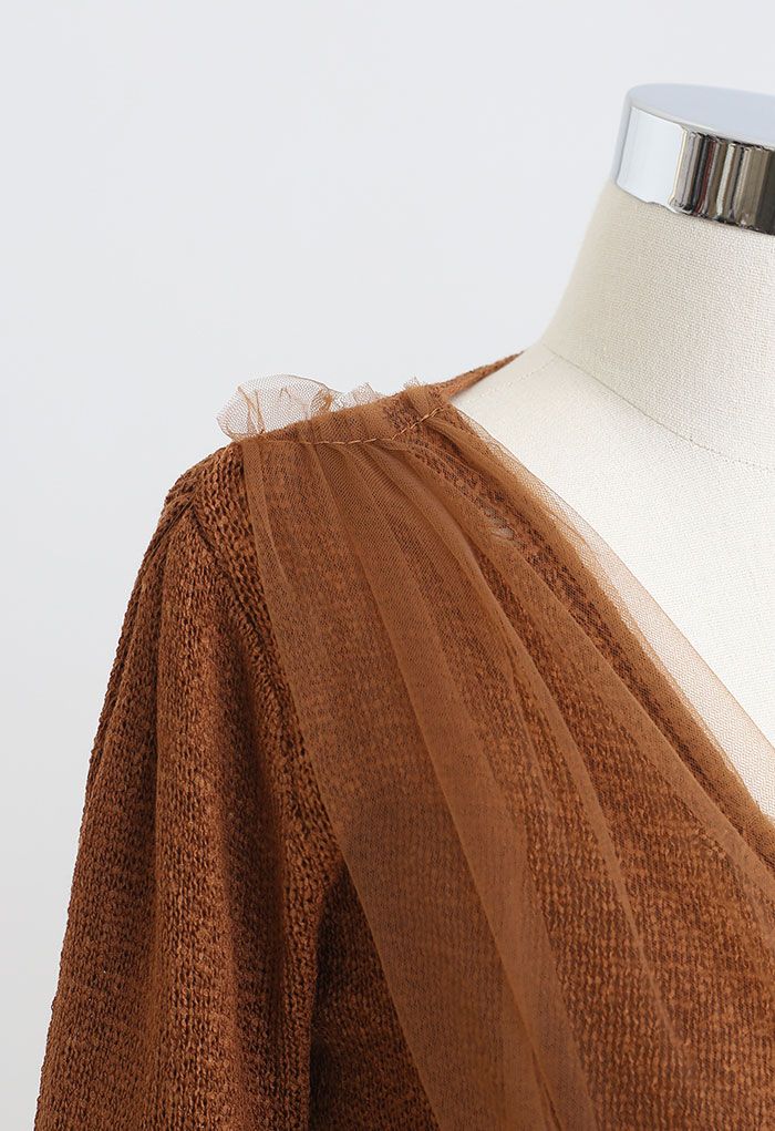 Mesh Overlay Long Sleeve Wrap Crop Knit Top in Caramel