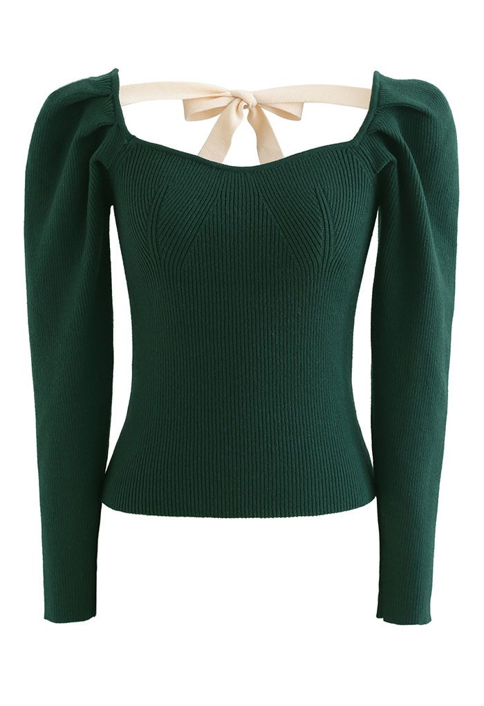 Gigot Sleeve Square Neck Crop Knit Top in Green