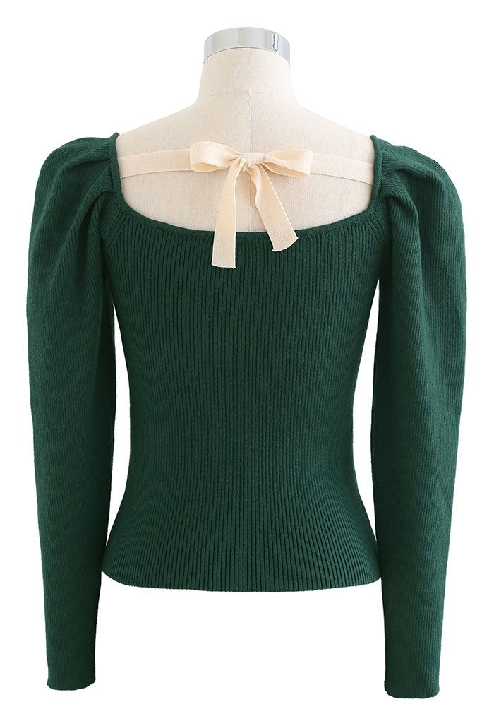 Gigot Sleeve Square Neck Crop Knit Top in Green