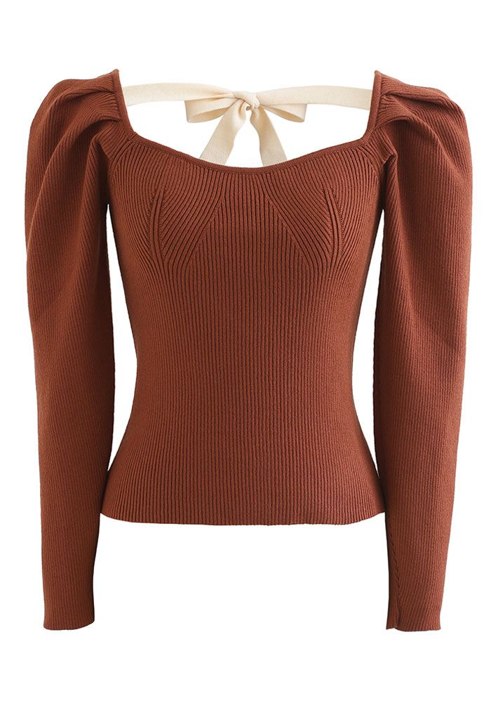 Gigot Sleeve Square Neck Crop Knit Top in Caramel