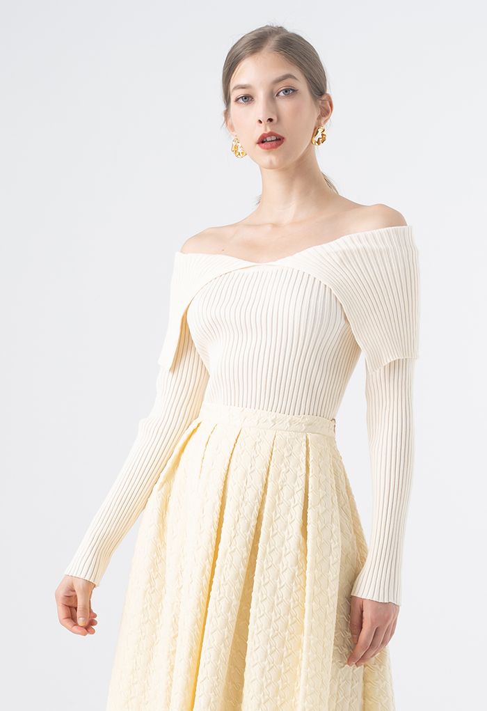 Flap Collar Off-Shoulder Crop Knit Top in Ivory