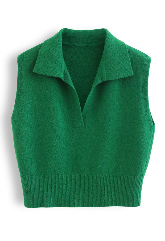 Collared V-Neck Knit Vest in Green