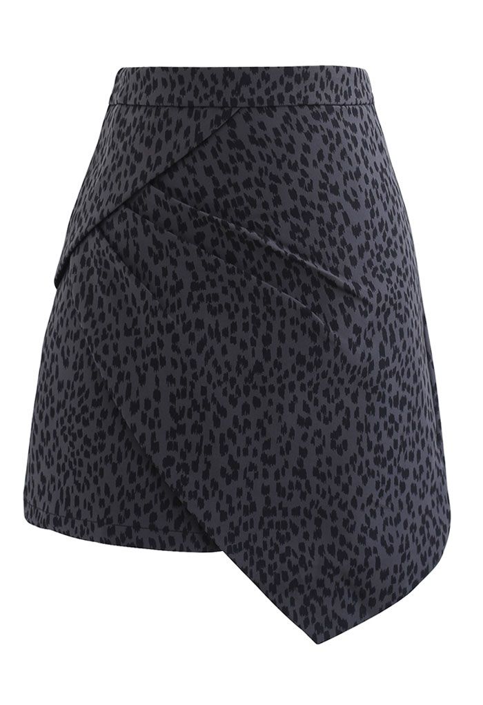 Animal Print Side Pleated Asymmetric Mini Skirt in Smoke