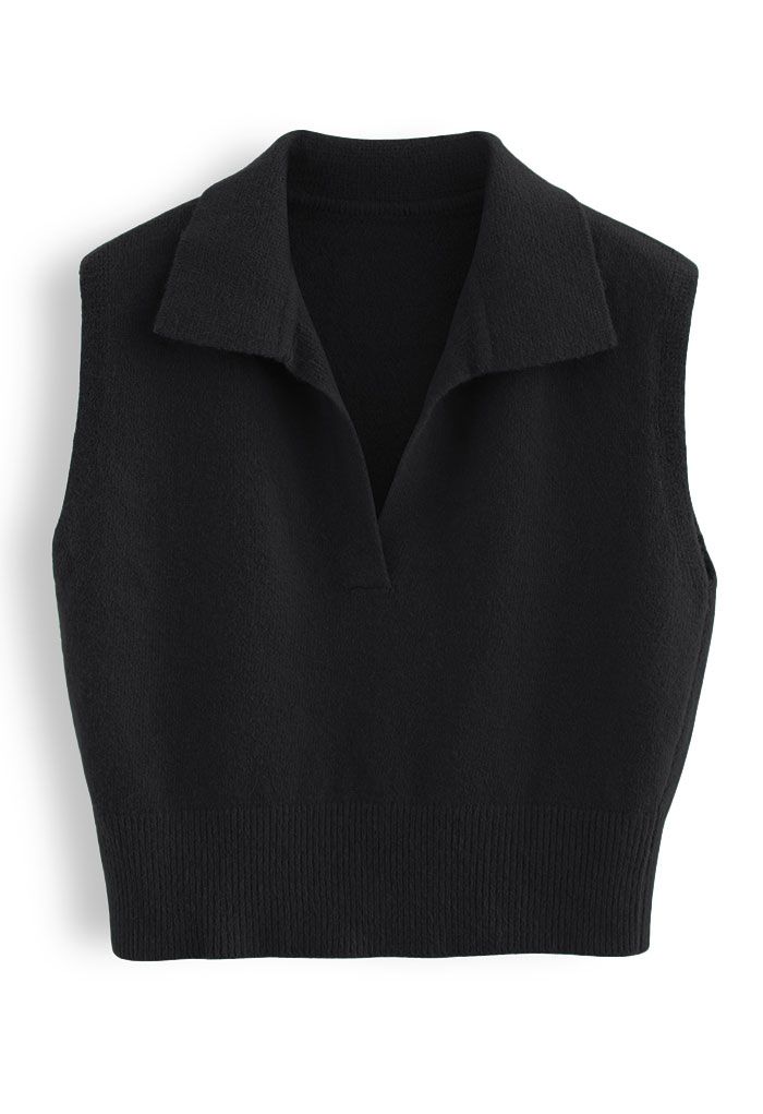Collared V-Neck Knit Vest in Black