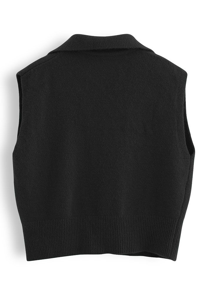 Collared V-Neck Knit Vest in Black