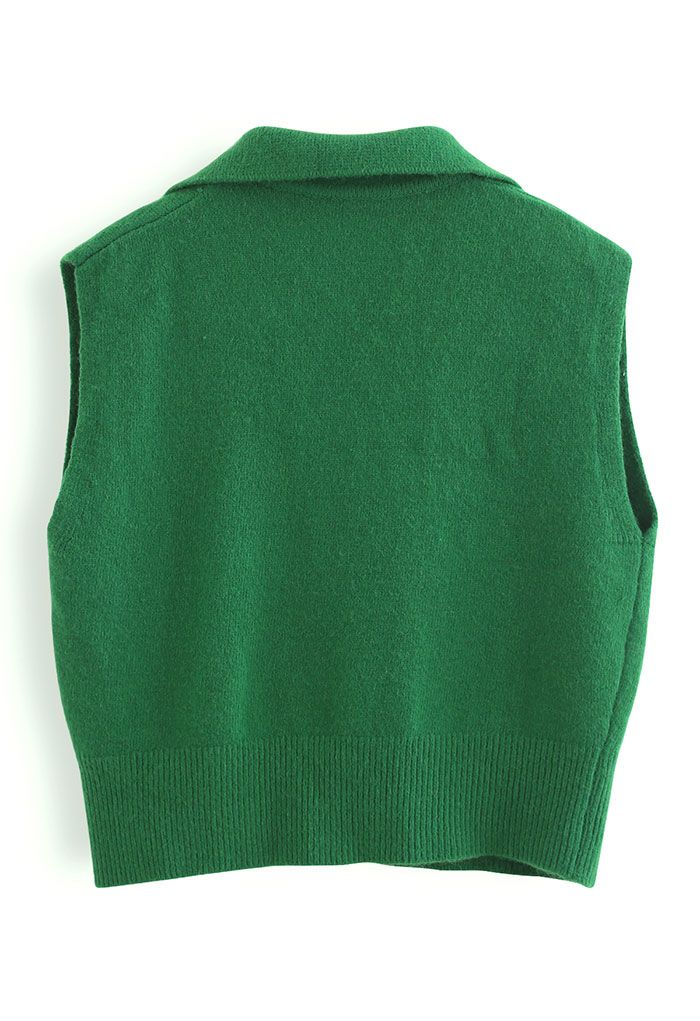 Collared V-Neck Knit Vest in Green