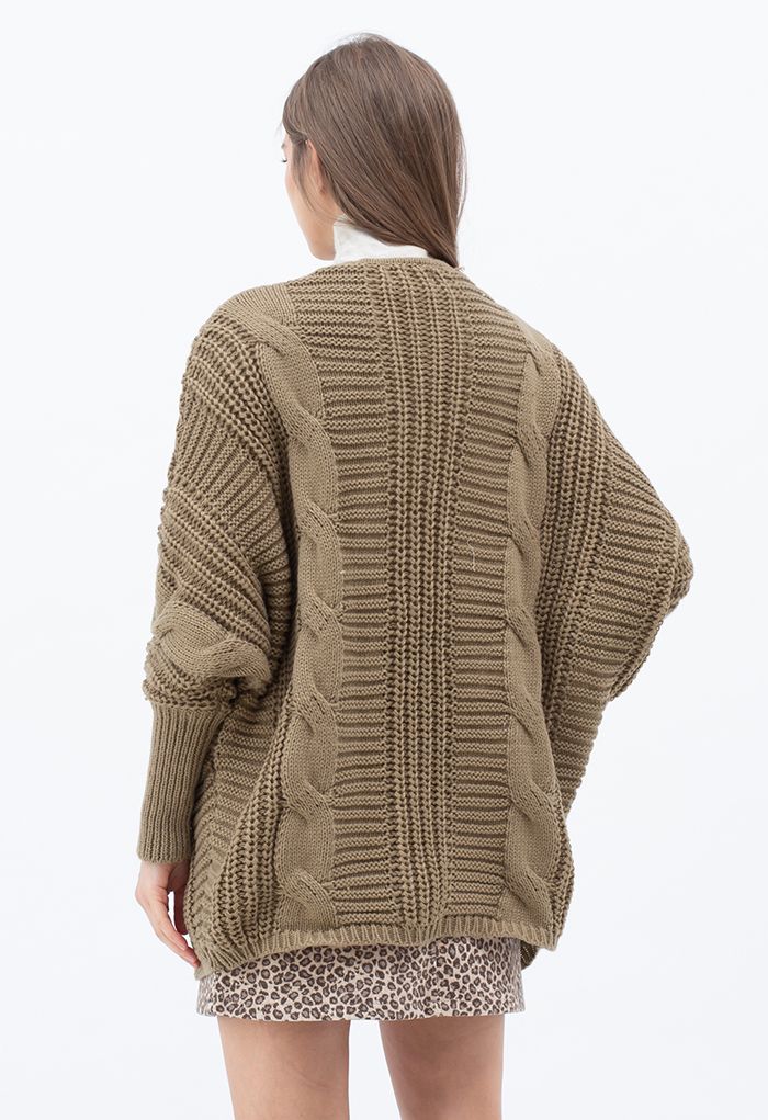 Open Front Batwing Sleeve Cable Knit Cardigan in Tan