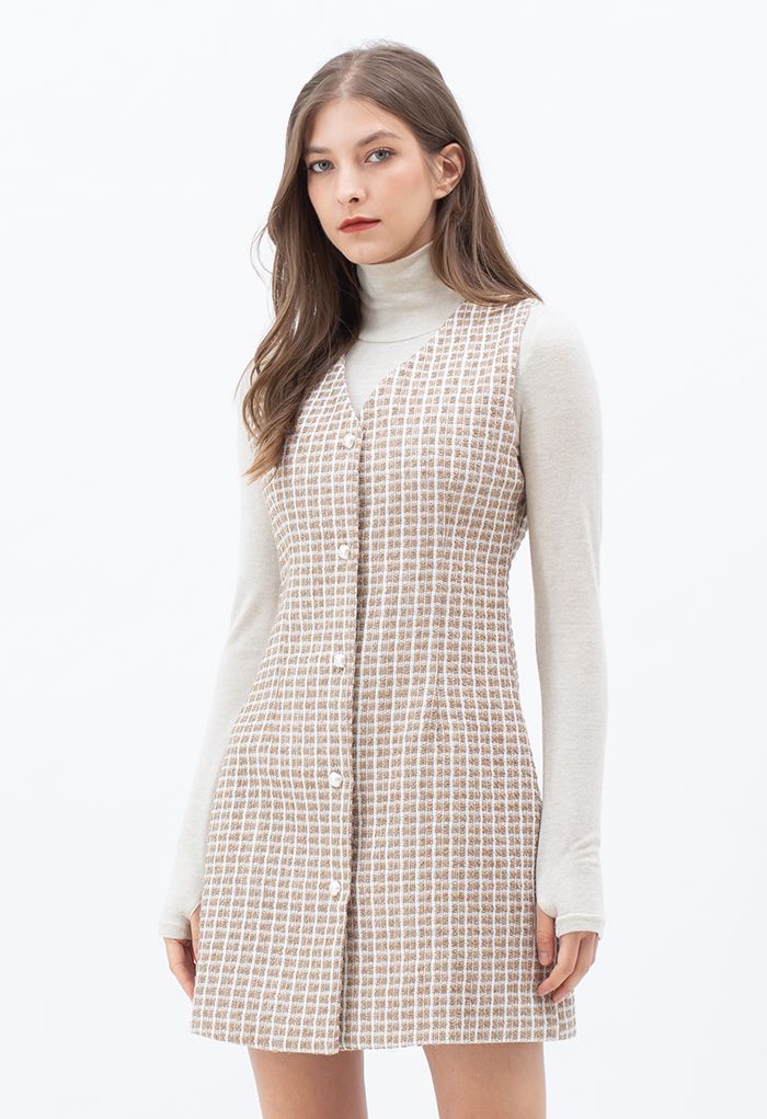 Button Down Sleeveless Shimmer Tweed Dress in Linen