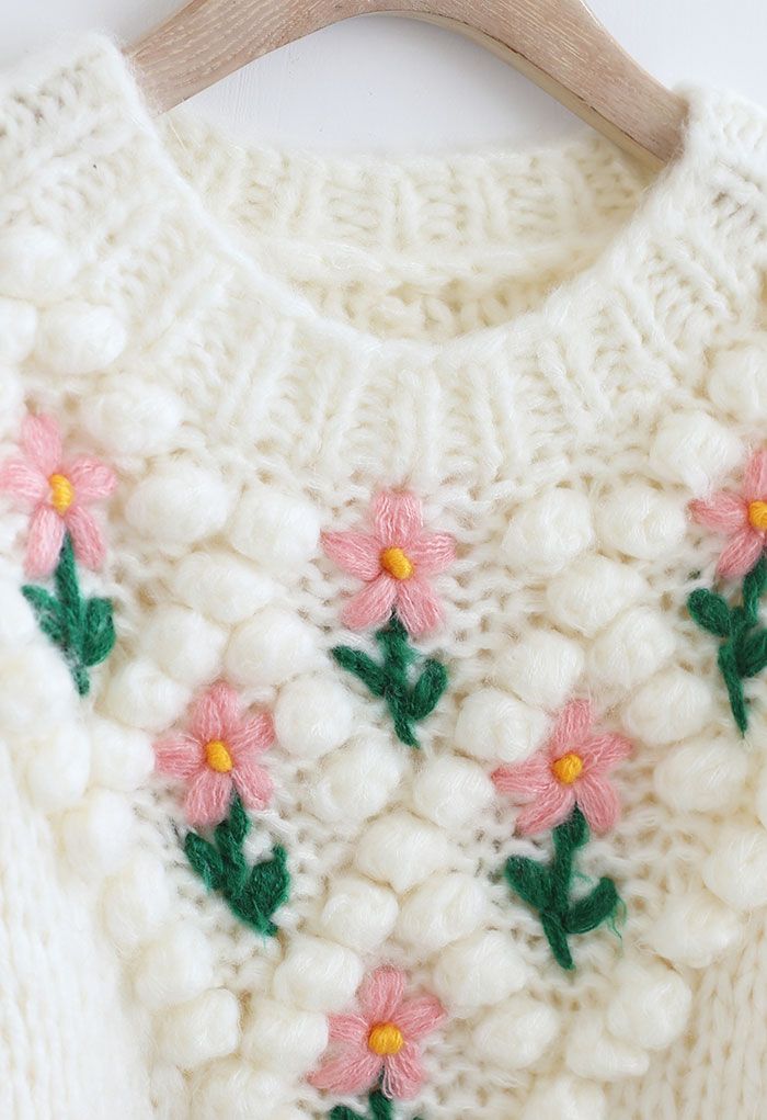 Stitch Floral Diamond Pom-Pom Hand Knit Sweater in White
