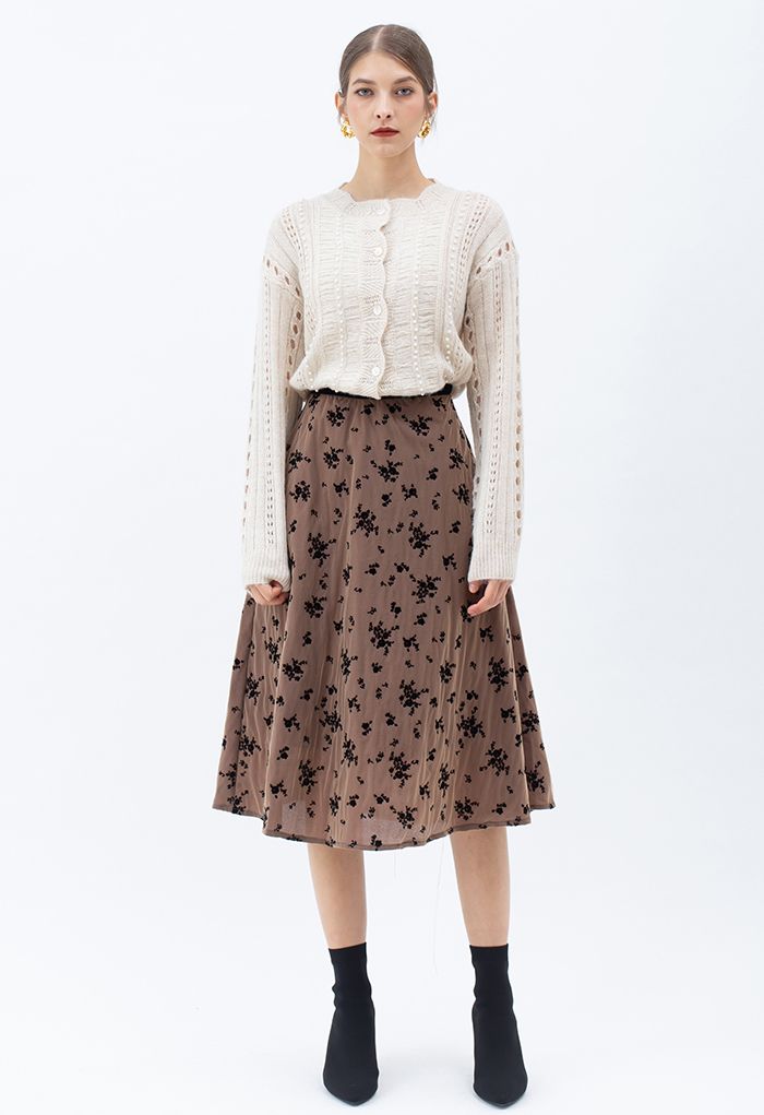 Posy Overlay Mesh Pleated Midi Skirt in Brown