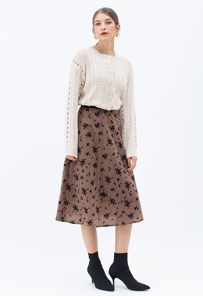 Posy Overlay Mesh Pleated Midi Skirt in Brown
