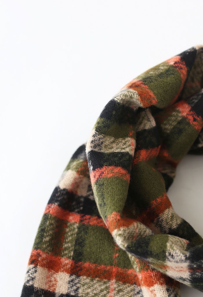 Soft Touch Colored Check Scarf in Army Green