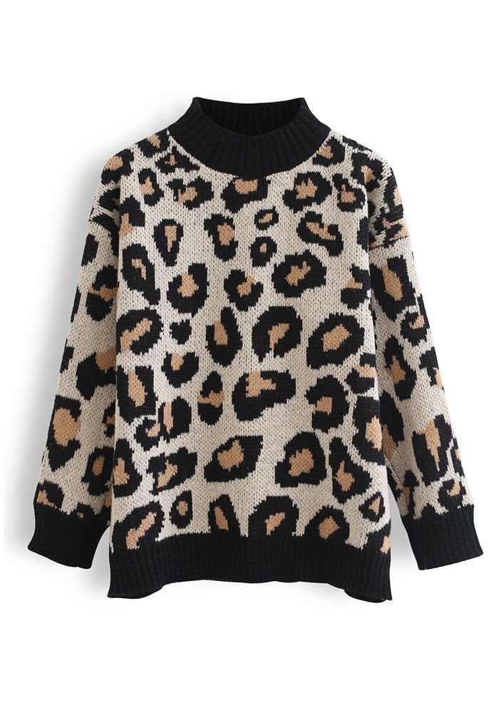 Wild Leopard Print Mock Neck Knit Sweater