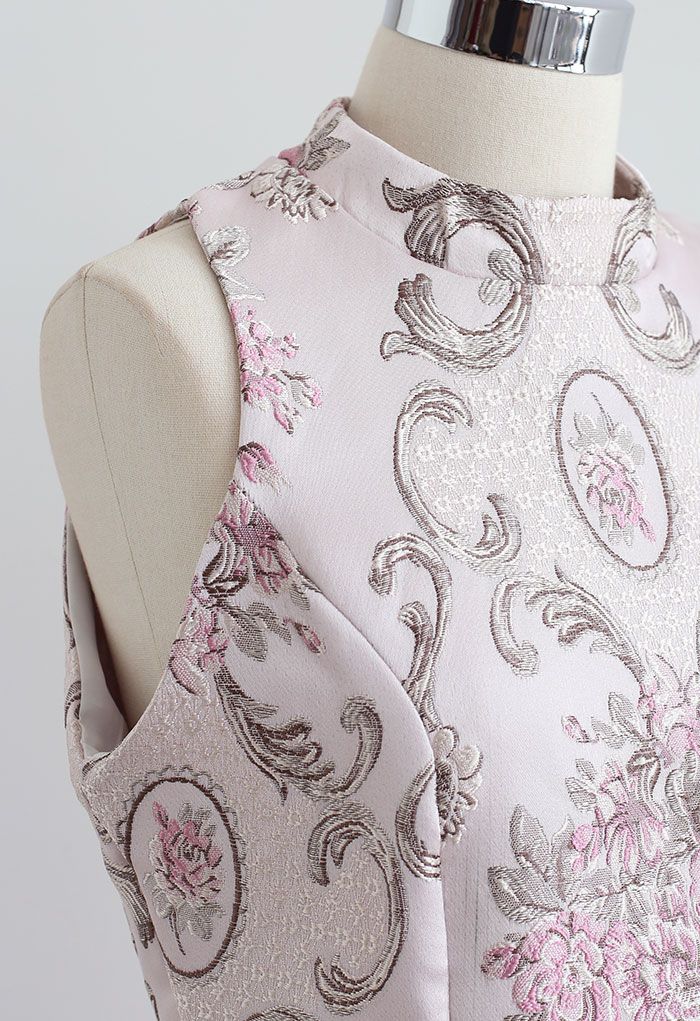 Splendid Peony Baroque Jacquard Sleeveless Dress in Pink