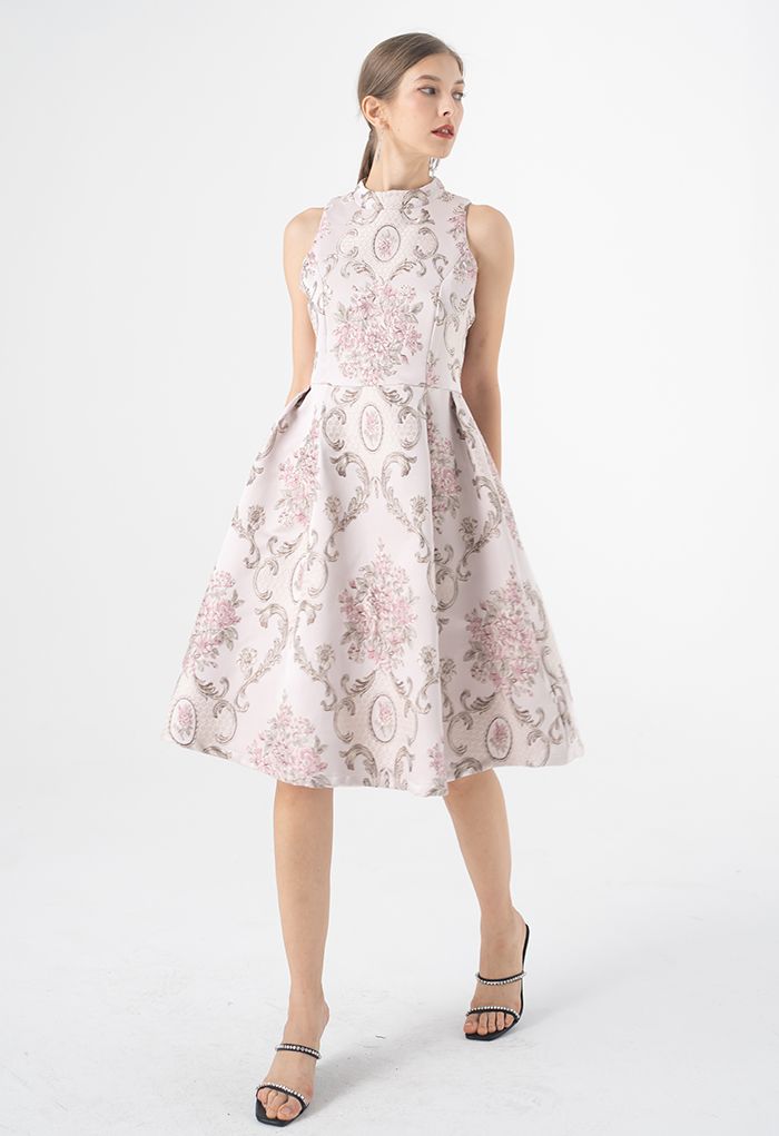 Splendid Peony Baroque Jacquard Sleeveless Dress in Pink