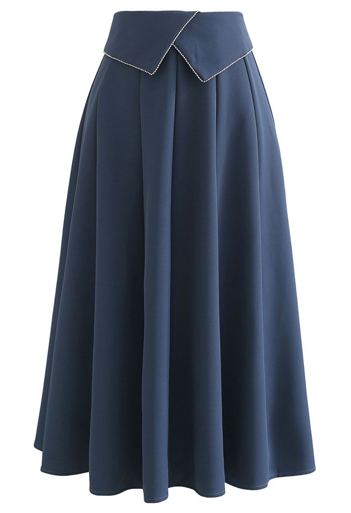 Crystal Flap Seam Detailing Midi Skirt in Dusty Blue