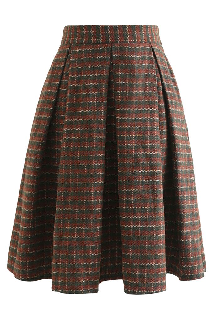Colored Gingham Wool-Blend Pleated Skirt in Army Green