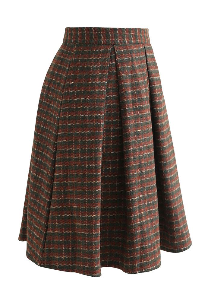 Colored Gingham Wool-Blend Pleated Skirt in Army Green