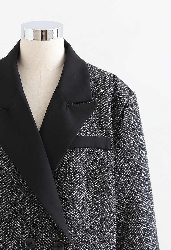 Cropped Pad Shoulder Tweed Blazer in Black