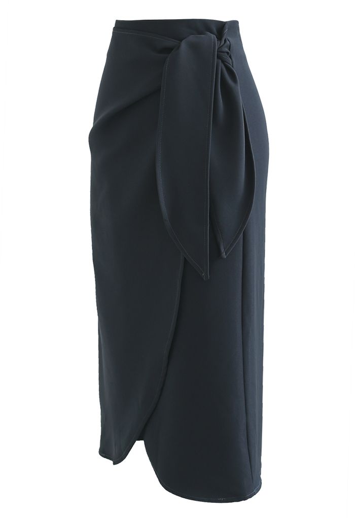 Tie-Knot Waist Flap Midi Skirt in Smoke