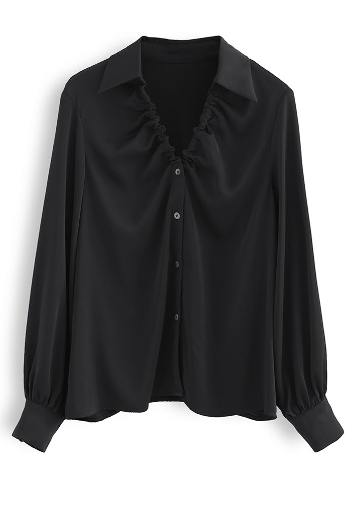 Ruched V-Neck Button Down Satin Top in Black