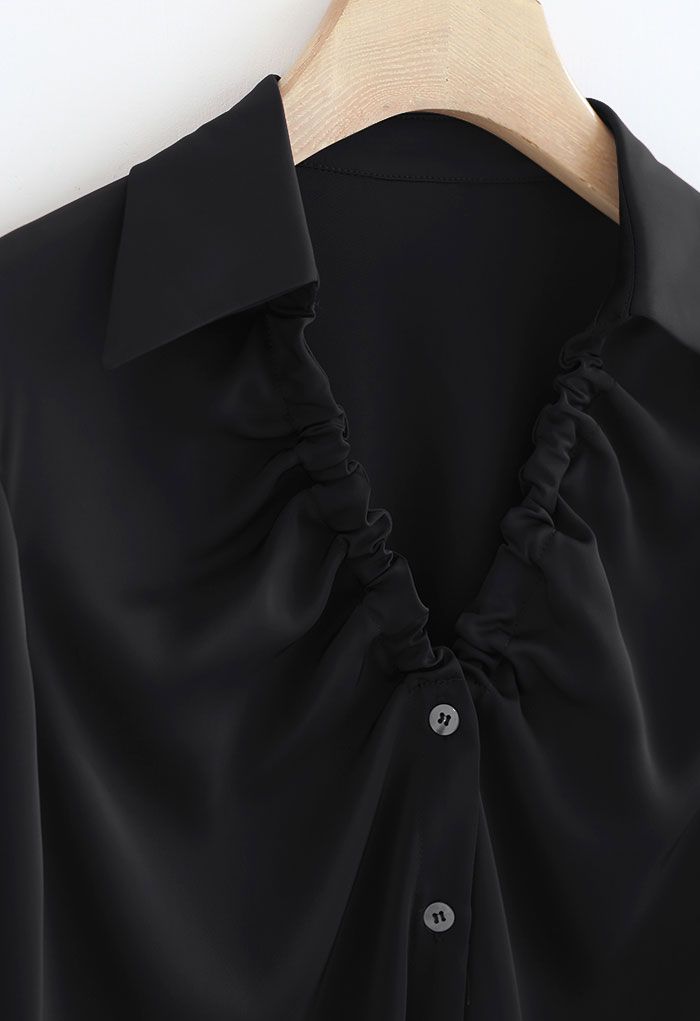 Ruched V-Neck Button Down Satin Top in Black