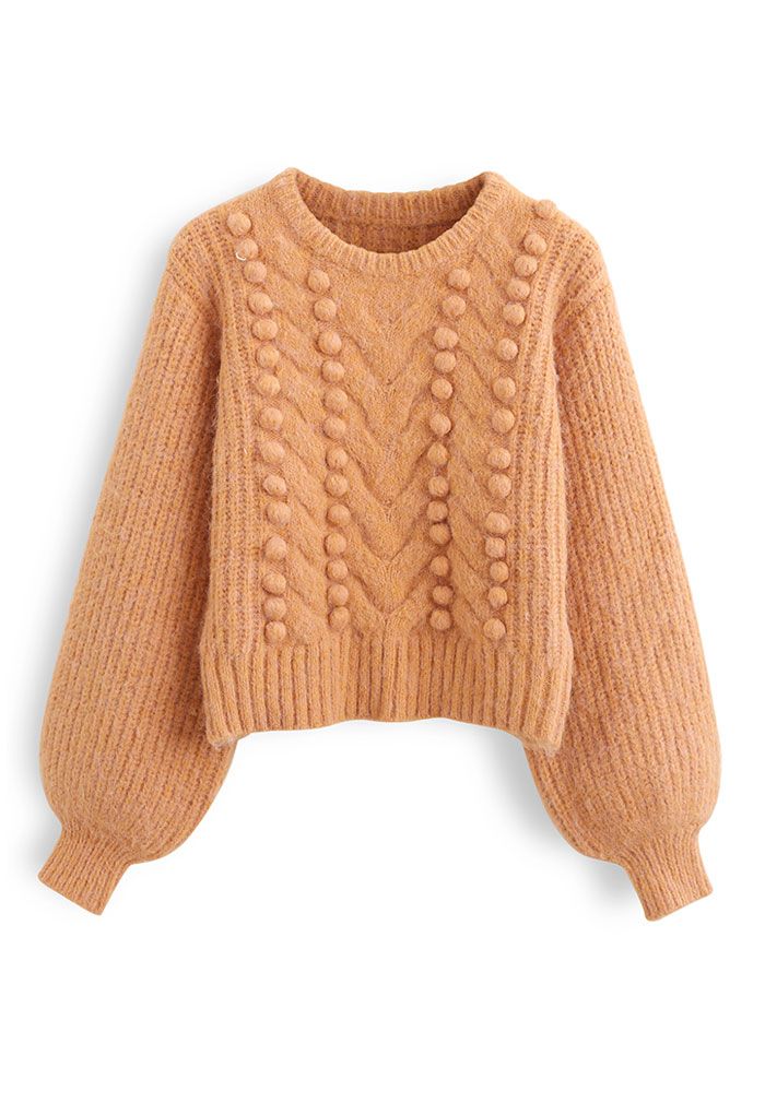 Fuzzy Pom-Pom Ribbed Mix-Knit Sweater in Orange
