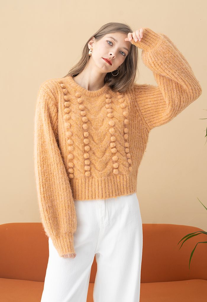 Fuzzy Pom-Pom Ribbed Mix-Knit Sweater in Orange
