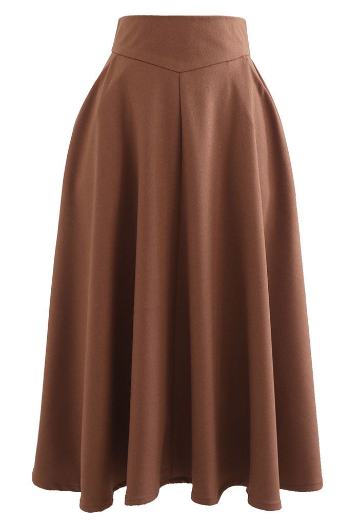 Classic Side Pocket A-Line Midi Skirt in Caramel
