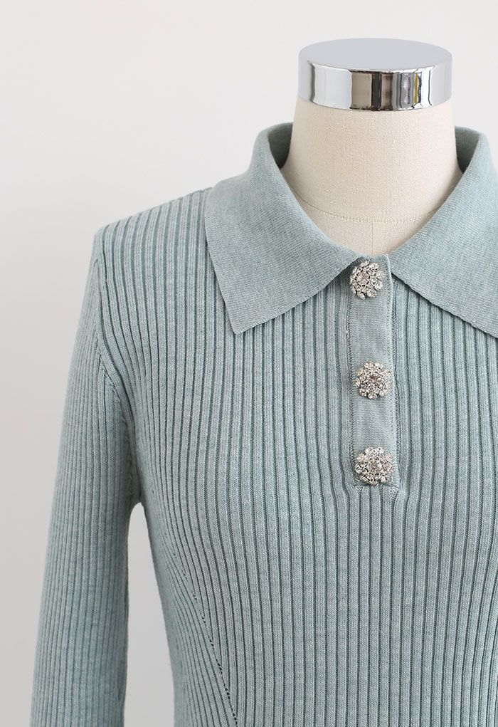 Brooch Button Collared Fitted Knit Top in Mint